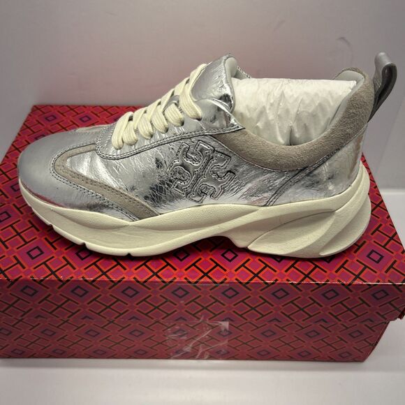 Tory Burch Good Luck Trainer Metallic Silver Leather Womens 5 New in Box - Picture 1 of 11